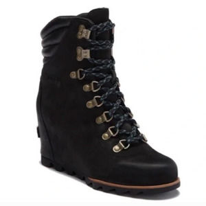 Sorel Conquest Wedge Bootie 8.5 Leather Black Ankle Boot NL5333 011